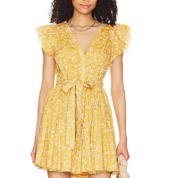 Cleobella Zia Mini Dress Cassia Ruffle Shoulder Yellow White - Picture 1 of 5